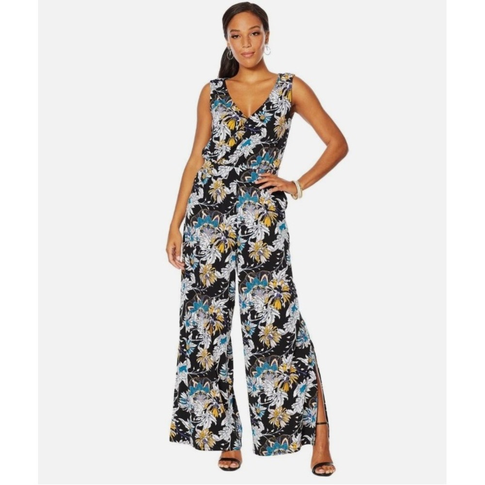 G by Giuliana Floral Jumpsuit Large Petite Sleeveless Knit Wide Leg Wrap V-Neck